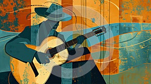 Afro-American male musician guitarist playing a guitar in an abstract cubist style painting