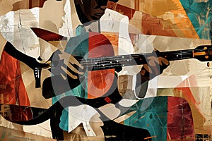 Afro-American male musician guitarist playing a guitar in an abstract cubist style painting