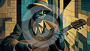 Afro-American male musician guitarist playing a guitar in an abstract cubist style painting