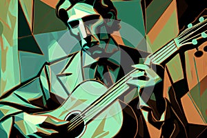 Afro-American male musician guitarist playing a guitar in an abstract cubist style painting