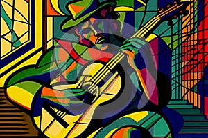 Afro-American male musician guitarist playing a guitar in an abstract cubist style painting