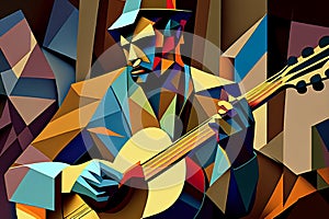 Afro-American male musician guitarist playing a guitar in an abstract cubist style painting photo