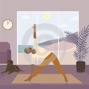 Afro-American man doing yoga at home