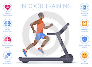 Afro-american man is running on the treadmill. Flat vector illus