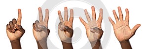 Afro-American man showing different gestures on white background