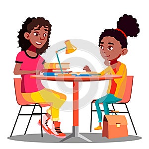 Afro American Mother Helps Child Do School Homework Vector. Isolated Illustration