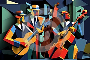 Afro-American New Orleans acoustic male jazz band musicians playing in an abstract cubist style painting