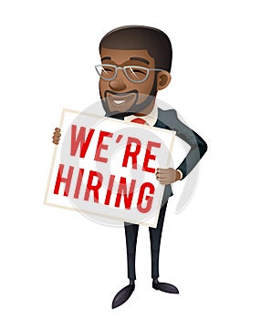 Afro american personnel recruiter businessman hiring paper broadsheet poster in hands worker vacancy cartoon character