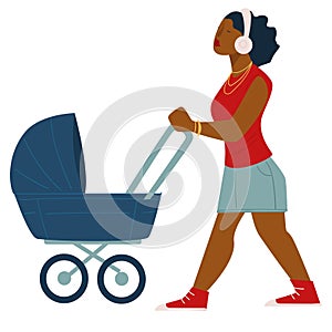 Afro american woman with pram listening music