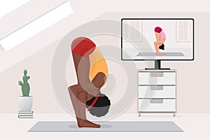 Afro american woman yoga education, practicing stretching at home with instructor by video on TV on Internet online