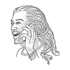 Afro-American young man with dreadlocks speaking on the phone and smiling. Black and white linear sketch isolated n