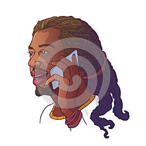 Afro-American young man with dreadlocks speaking on the phone and smiling. Colored linear sketch isolated n white