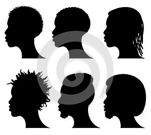 Afro american young men face silhouettes. African male black profiles photo