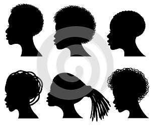 Afro american young woman face vector black silhouettes