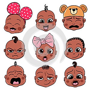 Afro Baby avatars. Child emotions. Set of toddler facial children expressions. Cartoon style characters
