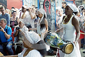 Afro-Cuban female drummers play Cuban rumba beats