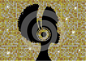 The Afro girl listens to music on headphones. Disco Music concept. Profile of a young African American woman. Musician avatar side