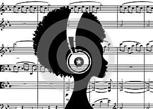 The Afro girl listens to music on headphones. Rock Music concept. Profile of a young African American woman. Musician avatar