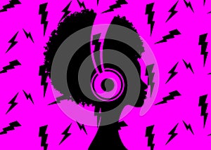 The Afro girl listens to music on headphones. Rock Music concept. Profile of a young African American woman. Musician avatar side