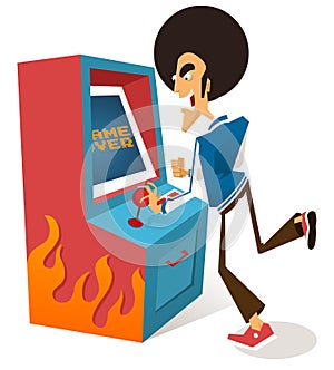 Afro guy plays arcade game