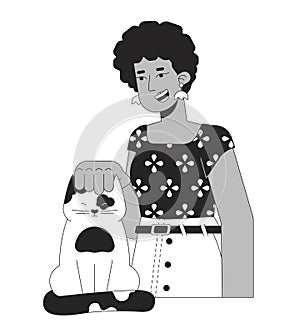 Afro hair woman stroking cat head black and white 2D line cartoon character