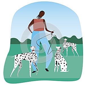 Afro man or woman walking the dogs as a dog breeding concept, flat vector stock illustration with owner, pet and Dolmatians