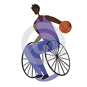 Afro man or young guy in a wheelchair plays basketball  isolated on white background, flat vector stock illustration with cartoon