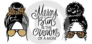 Afro Messy bun. Golden glitter and leopard print aviator glasses. Vector woman silhouette.