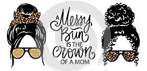 Afro Messy bun. Golden glitter and leopard print aviator glasses. Vector woman silhouette. photo