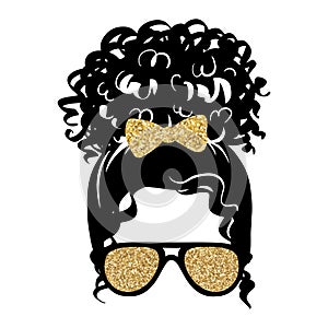 Afro messy hair bun, aviator glasses, golden glitter bow. Vector woman silhouette. Female curly hairstyle.