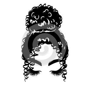 Afro messy hair bun, long black lashes. Vector woman silhouette with Beautiful Eyelashes. Female curly hairstyle.