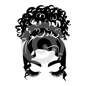 Afro messy hair bun, long black lashes. Vector woman silhouette with Beautiful Eyelashes. Female curly hairstyle. photo