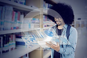 Afro student using tablet in the library