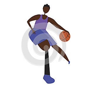 Afro teenager or young guy with a prosthetic leg playing basketball, flat vector stock illustration with cartoon character and