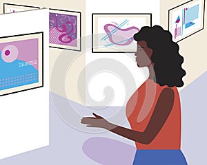 Afro woman artist in art gallery, flat vector stock illustration as concept of afro artist exhibition in gallery hall