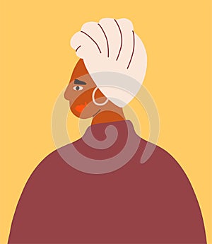 Afro woman in beautiful white turban. Profile portrait of female cartoon character. The concept of tolerance for BLM.
