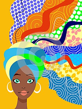 Afro woman with flowing multicolored turban