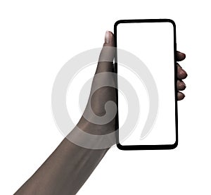 Afro woman hand holding the black new smartphone with blank screen isolated white background. hands using phone clipping path