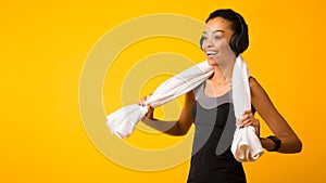 Afro Woman In Headphones Listening Music Standing, Yellow Background, Panorama