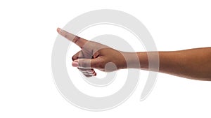 Afro woman`s hand pointing finger at something, isolated on white