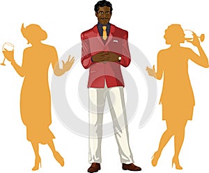 Afroamerican male party host with female guests