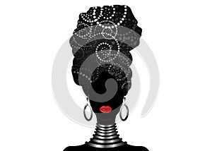 Portrait African woman in traditional spirals turban, Kente head wrap, dashiki printing, black afro women vector silhouette