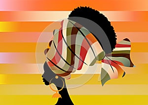 Portrait beautiful African woman in traditional turban handmade stripes motif, Kente head wrap African with ethnic earrings, black