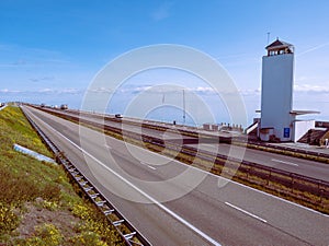 Afsluitdijk dike between IJsselmeer lake and Waddensea connecting Noord-Holland with Friesland, Netherlands