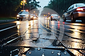 Aftermath Chronicles: Twisted Metal and Shattered Glass Strewn Across a Rain-Slicked Scene of Vehicular Accident