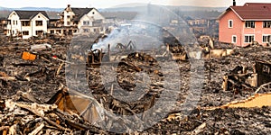 Aftermath of a devastating fire in residential area with burned homes and smoke