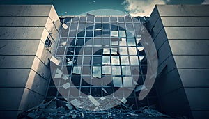Aftermath of earthquake destruction: office building with shattered windows, Generative AI