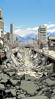 aftermath of an earthquake in an urban setting, emphasizing the devastation of city streets and buildings reduced to rubble. photo