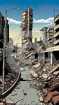 aftermath of an earthquake in an urban setting, emphasizing the devastation of city streets and buildings reduced to rubble. photo