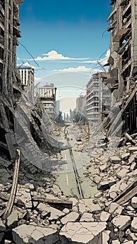 aftermath of an earthquake in an urban setting, emphasizing the devastation of city streets and buildings reduced to rubble. photo